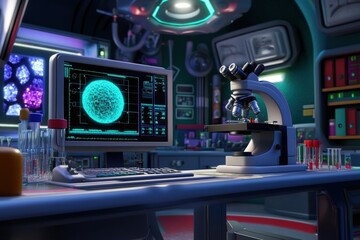 Modern laboratory setup featuring a microscope and digital display of cells Generative AI