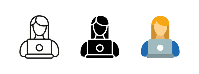 Woman with laptop icon. Female working on online education vector illustration. Digital study and learning concept. Modern technology or remote education and teaching system for professional growth.