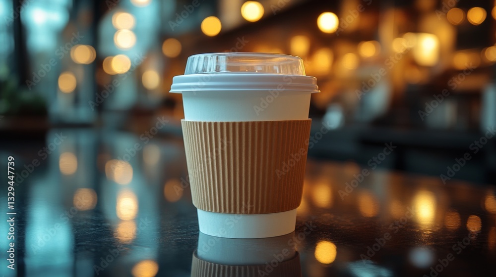 Poster a takeout coffee cup sits on a table in a warm and inviting cafe, surrounded by softly glowing light