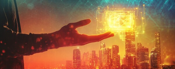 A glowing circuit board floats above a city skyline at sunset