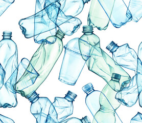 Watercolor seamless pattern. Green and blue plastic waste. Plastic cups, transparent bottles, trash in sea water for ecology posters, stop pollution, save the ocean, Earth day. Repeat motif for web
