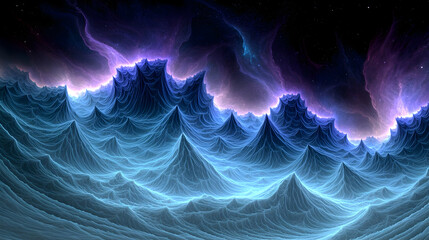 Abstract image for stock photography showing a blue landscape with mountains and a purple sky