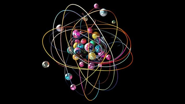 Atommodell mit detaillierter Struktur und leuchtenden Elektronen