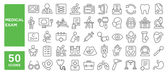 Set of 50 line icons related to medical exam, health checkup, medical report, test blood, physical, optometry, general condition, screening, resonance, Editable stroke. Vector illustration
