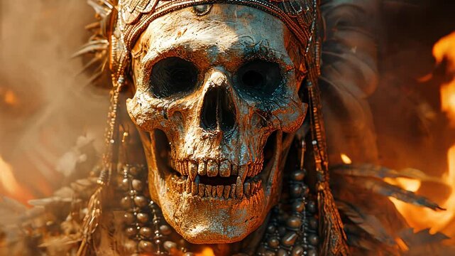 Mysterious skull of the indian chief adorned and in flames hints at ancient rituals, evoking both intrigue and fear