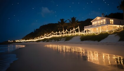 Starry night beach scene with illuminated house
