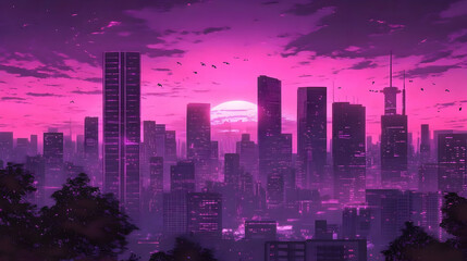 Obraz premium A skyline of tall buildings at sunset, in shades of pink and purple, is suggestive of city life