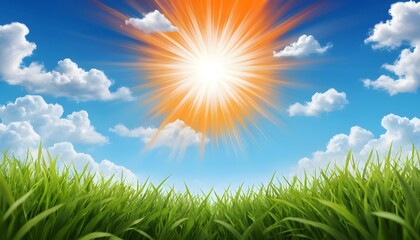 Obraz premium Sunny landscape with a bright sun in the sky and lush green grass