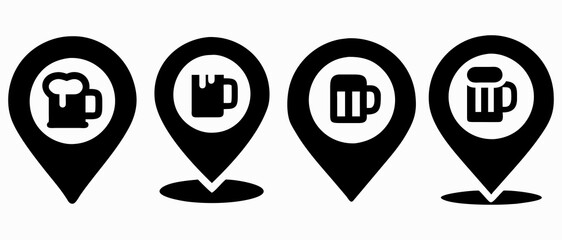 Beer Mug Location Pin Icons Set – Black GPS Marker for Bars and Breweries