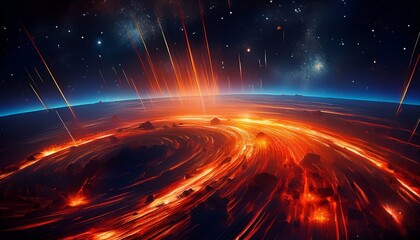 Obraz premium Meteorite impact patterns with fiery streaks against a starry, galactic sky, creating a dramatic and dynamic celestial scene. 