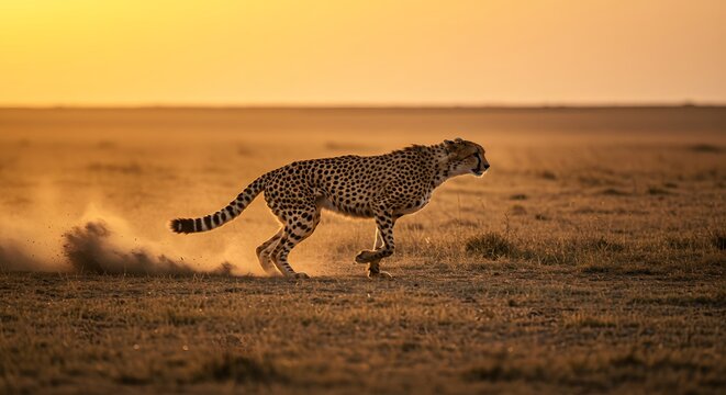 Cheetah Running Across Grassy Plain at Sunset Creates Dramatic Dust Cloud