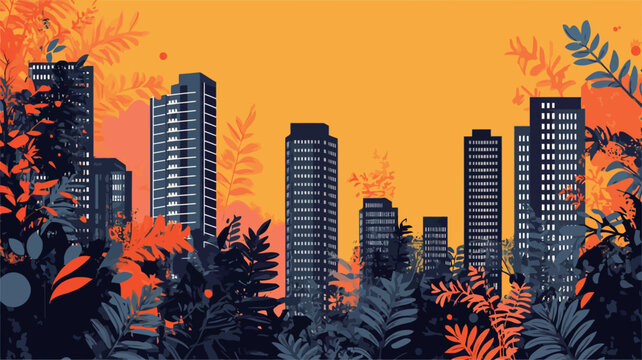 The illustration depicts a cityscape at either sunrise or sunset.  The background is a gradient of orange and yellow, suggesting the sky at dawn or dusk.  Silhouetted skyscrapers of varying heights