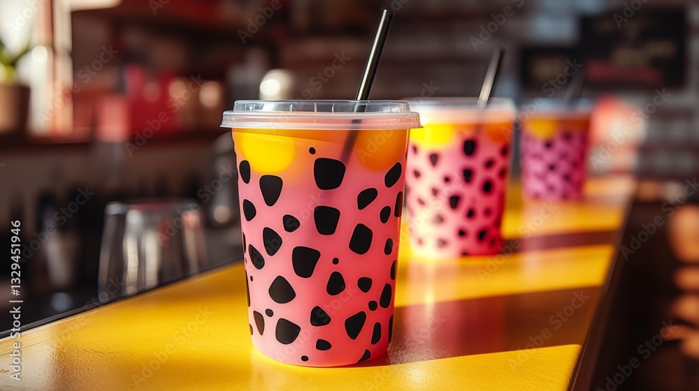 Aufkleber vibrant cups filled with colorful beverages are lined up on a sunny counter in a contemporary cafe, 