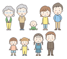 困り顔のさまざまな世代の全身イラストセット
