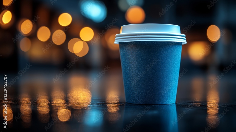 Aufkleber a takeaway coffee cup stands alone on a glossy surface, reflecting the warm bokeh lights around it. 