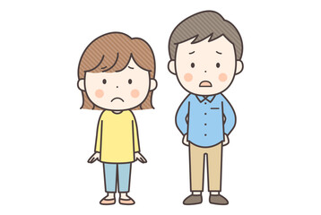 困り顔の若い夫婦の全身イラスト
