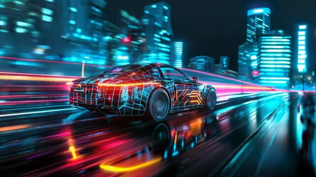 Futuristic sport car, non existent design, car race, defocused city in background,