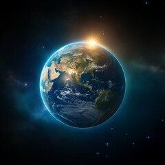 Fototapeta premium A breathtaking view of Earth from space, glowing in shades of blue and green, symbolizing unity and care for our shared home