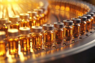 Syringes filled with vaccine lined up on a manufacturing assembly line Generative AI