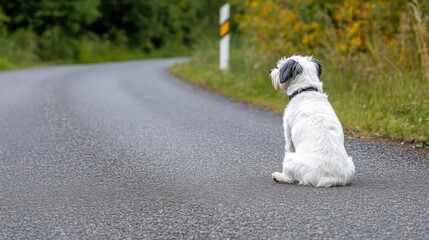 A small dog waits expectantly by a winding road, framed by lush greenery, embodying patience and companionship.