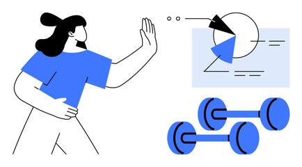 Woman halting while analyzing a pie chart alongside two dumbbells emphasizing balance between fitness and analysis. Ideal for health decisions, time management, priorities, personal growth