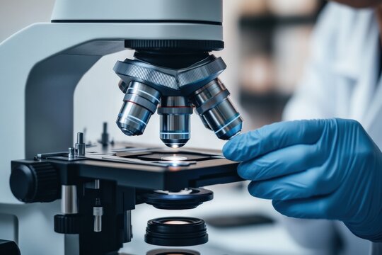 Scientist places glass slide for examination under microscope in lab Generative AI