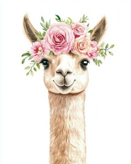 Charming Llama Portrait: Watercolor Illustration with Pink Floral Crown on White Canvas