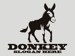 Standing black donkey silhouette with detailed ears and legs. Logo vector donkey animal graphic design. Profile view black donkey head silhouette with detailed mane and ears. Animal graphic design
