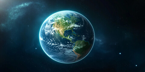 Fototapeta premium A breathtaking view of Earth from space, glowing in shades of blue and green, symbolizing unity and care for our shared home
