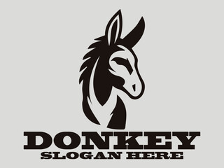 Standing black donkey silhouette with detailed ears and legs. Logo vector donkey animal graphic design. Profile view black donkey head silhouette with detailed mane and ears. Animal graphic design