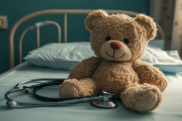 Stethoscope and teddy bear on a hospital bed in a child's room Generative AI