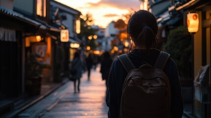 Curious Explorer: Asian Female Adventurer Strolling Through Historic Ninen Zaka Street at Dusk in Autumn Kyoto, Japan