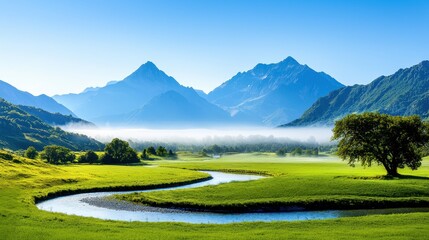 Serene Mountain Valley River Landscape With Fog