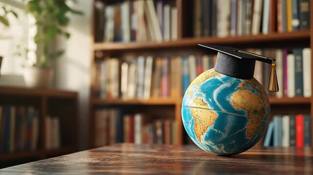 A small globe wearing a graduation cap blurred bookshelf on background. Knowledge and academic achievement on a global scale	