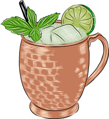 Vector engraved style illustration of Moscow Mule cocktail for posters, decoration and print. Hand drawn sketch, colorful isolated on white background.