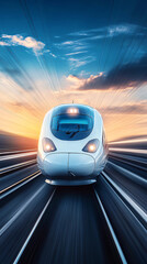 Fototapeta premium a futuristic white bullet train speeds along railway tracks at sunset with motion blur emphasizing its high velocity and sleek design 