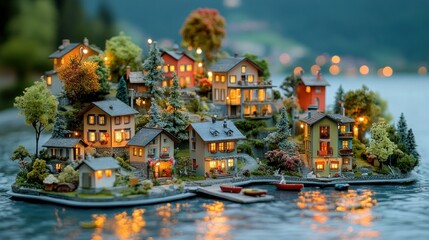 Obraz premium Miniature idyllic village by a lake at twilight