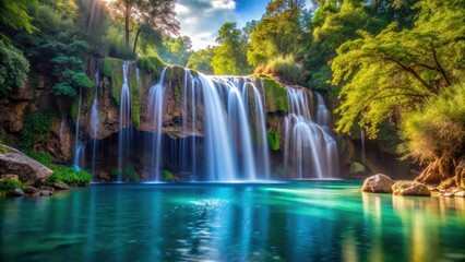 Obraz premium waterfall cascade into serene lake, peaceful scene, calm atmosphere