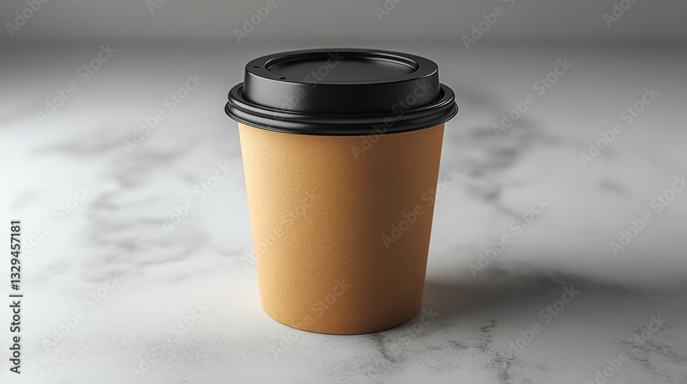 Poster a recyclable brown coffee cup with a black lid stands on a smooth marble surface. natural light high