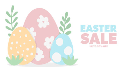 Easter Sale promotional banner with cute Easter eggs for Easter Day discount shopping advertising. Vector illustration.