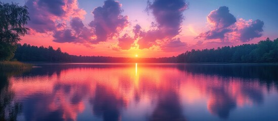 Naklejka premium Serene Sunset Over a Calm Lake.