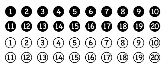 Numbers one to twenty arranged in rows of circles with black and white styles