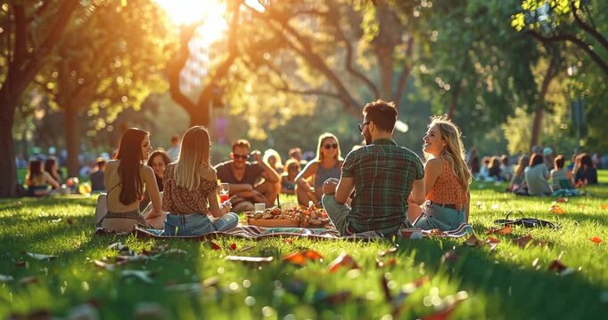 Friends enjoying picnic in park at sunset