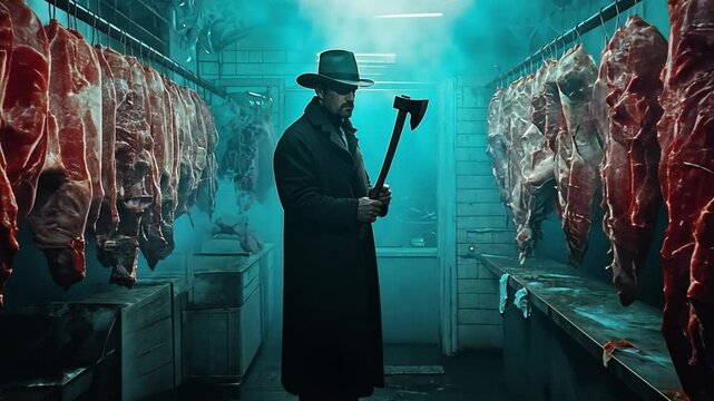 The Butcher's Cold Embrace: A chilling portrait of a man with an axe amidst hanging meat in a dimly lit abattoir.