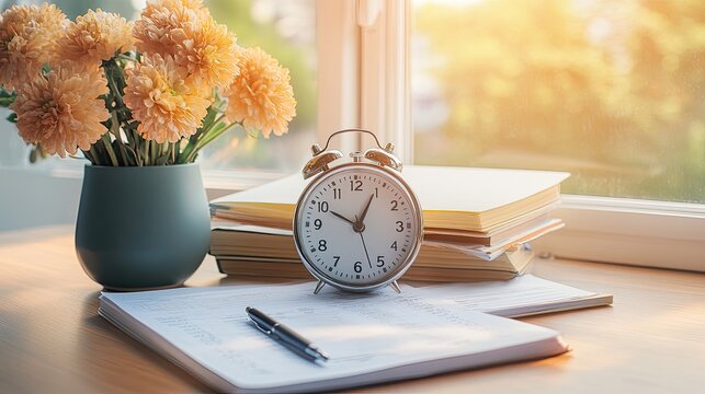 Alarm clock on desk by window with books, flowers, and papers.  Possible use Desk scene, morning routine, workday start