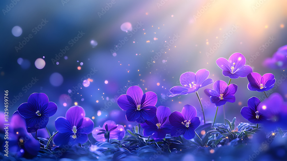 Poster a serene display of vibrant purple flowers illuminated by soft light, creating a magical and tranqui