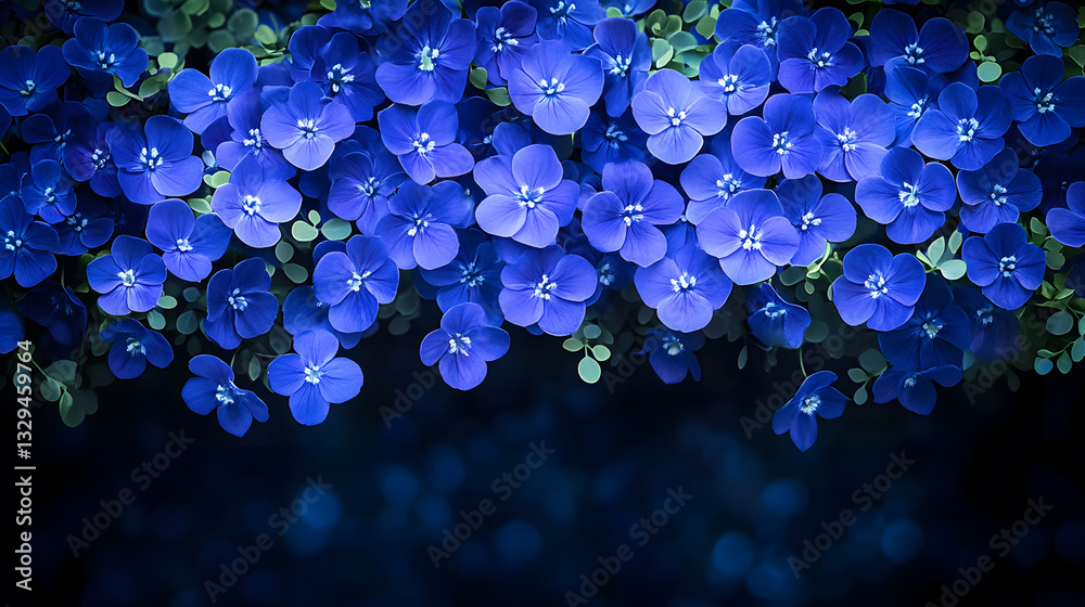 Poster A vibrant display of blue flowers cascading down, creating a serene and calming effect against a blurred green background