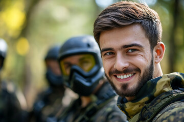 Fototapeta premium Close-Up of Paintball Players in Action, Wearing Protective Masks and Gear, Generative AI art