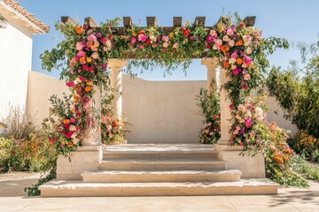 Beautiful floral archway adorned with colorful flowers in bright sunlight