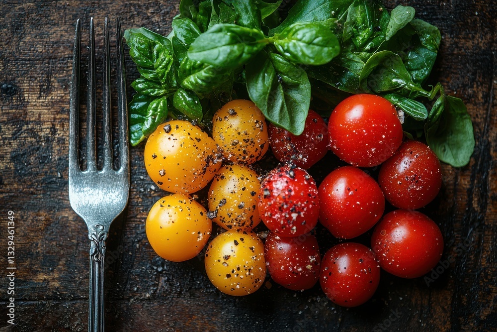 Poster Freshly picked cherry tomatoes and basil create a vibrant culinary display on a rustic wooden table in a home kitchen setting